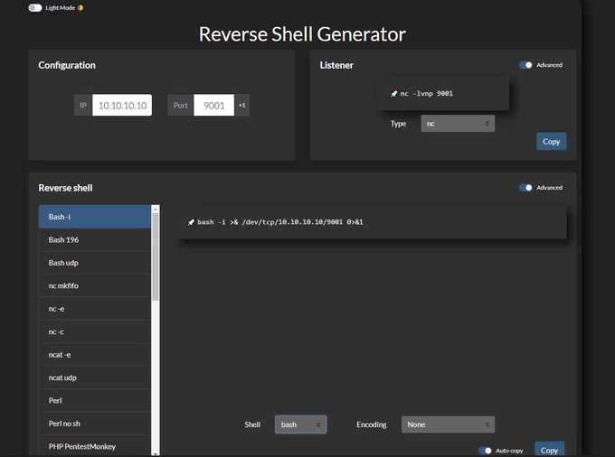 Generate reverse shells online automatically with a ton of features.
