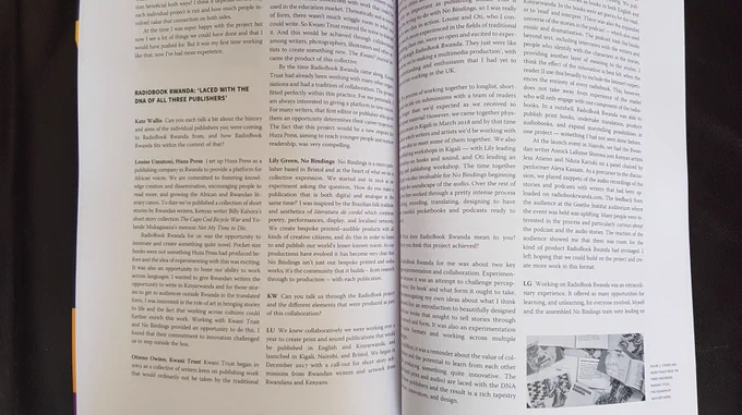 A double page spread of the Radiobook Rwanda feature in Wasafiri magazine.