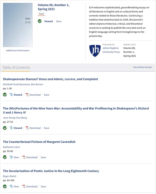 ELH 88.1 Table of Contents: https://muse.jhu.edu/issue/44011/print
