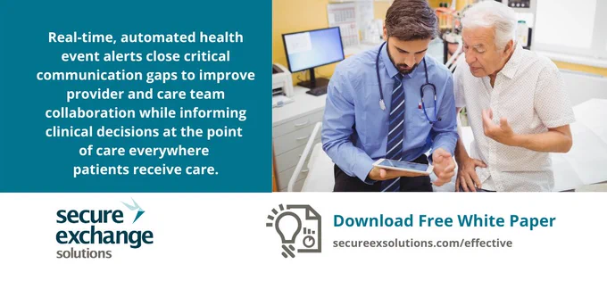 Image of doctor and patient looking at tablet. Free white paper download.
