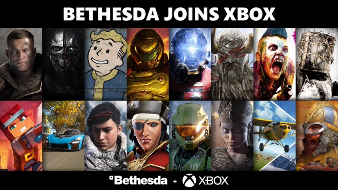 A grid of different characters from Bethesda and Xbox franchises. The Bethesda and Xbox logos are at the bottom. Photo reads: BETHESDA JOINS XBOX.