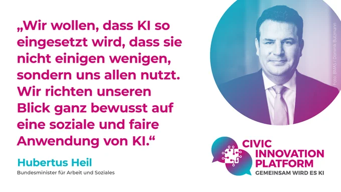 Die Kachel zeigt ein Zitat von Bundesminister Hubertus Heil: "Wir wollen, dass KI so eingesetzt wird, dass sie nicht einigen wenigen, sondern uns allen nutzt. Wir richten unseren Blick ganz bewusst auf eine soziale und faire Anwendung von KI"