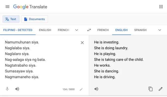 gender bias in filipino to english translation