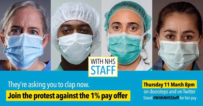 The government's 1% pay rise is an insult to healthcare workers who are getting us through this pandemic.

Join us at the doorstep on Thursday at 8pm to slow handclap #WithNHSStaff for fair pay. 

Let's tell the government to think again.