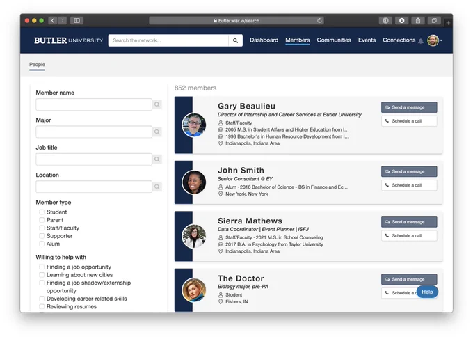 This image shows the search area within the Bulldogs Connect (powered by Wisr) interface. It has four different members and their information like current job, graduation year, current city, and interests. It also shows the search filters which includes: name, major, job title, location, member type, and willing to help with. 