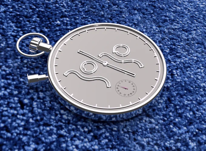 A silver stopwatch lays on a royal blue carpet in the centre this 3-D digital image. The face of the stopwatch features the 30 30 logo divided by the hands of the watch which form a slash dividing the two numbers. Another small watch dial is in the bottom left-hand corner of the face of the stopwatch.
