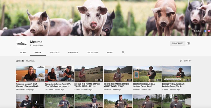 A screenshot of meatme.ca YouTube channel, featuring Lindsey Morgan (Raven Reyes) and local British Columbia farmers: Giesbrecht Farm, Lentelus Farms, and Empire Valley Ranch (interviews, Q&A)