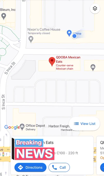 Screenshot of google maps showing my home and the qdoba store 220 ft apart.