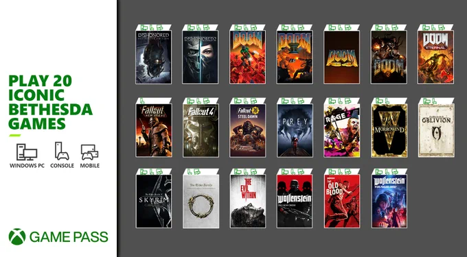 Box art displayed for Dishonored Definitive Edition, Dishonored 2, DOOM, DOOM II, DOOM 64, DOOM 3, DOOM Eternal, Fallout: New Vegas, Fallout 4, Fallout 76: Steel Dawn, Prey, Rage 2, The Elder Scrolls III: Morrowind, The Elder Scrolls IV: Oblivion, The Elder Scrolls V: Skyrim, The Elder Scrolls Online, The Evil Within, Wolfenstein: The New Order, Wolfenstein: The Old Blood, and Wolfenstein: Youngblood.  Photo reads: PLAY 20 ICONIC BETHESDA GAMES. XBOX GAME PASS. 