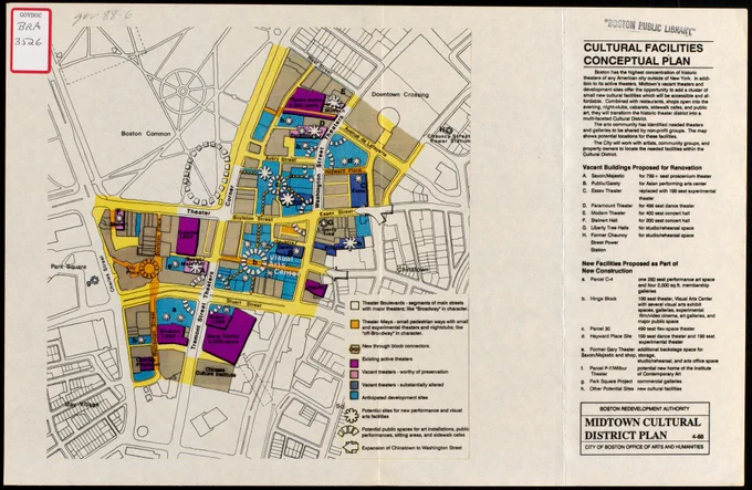 Street map of downtown Boston with a colorful section in the middle. The streets are yellow and the buildings are blue, gray, and purple. On the right is a section of text, titled "Cultural Facilities Conceptual Plan."