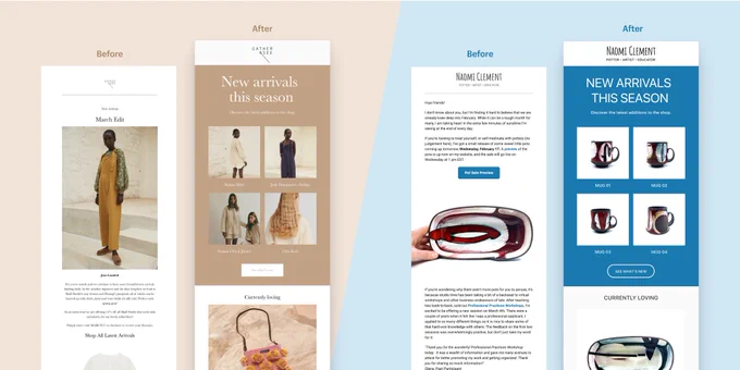 Before and after images of two different email campaigns highlighting the difference it makes when the new product grid and button styling features are utilized. 