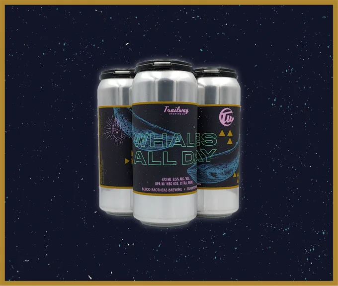 3 beer cans with Whales All Day labels on them are on the previous images background of deep blue ocean.