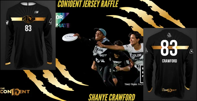 Front of All Black ultimate frisbee jersey with sleeves that have a small gold ring at the wrist. There is a gold bar around the chext section, with a logo that says "Continent" but is spelled "Con10ent" Number below the gold bar lettered 83. This is in the upper right hand side. Bottom left is the back. The difference is that the letter 83 is much bigger and overlays on top of the gold bar. underneath the 83 is a name. Crawford. Woman bidding for ultimate frisbee in between front and back