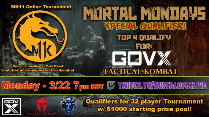 more finals details at: matcherino.com/govxtacticalkombat

stream: twitch.tv/buffalofgclive

please visit the event sponsor: matcherino.com/govx