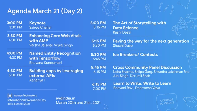 Excited to host you for the day 2 of #IWDIndia2021🥳🥳

Set reminder at bit.ly/iwdindia02 if you are interested to explore - 

✅Core Web Vitals
✅Tensorflow
✅Data Science
✅Content Writing
and many more.

Which session(s) are you excited for?

Check the schedule👇