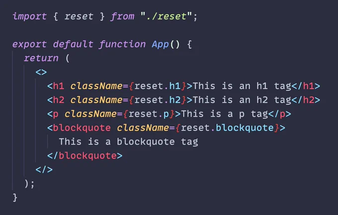 React components with classNames of reset.h1, reset.h2, reset.p and reset.blockquote