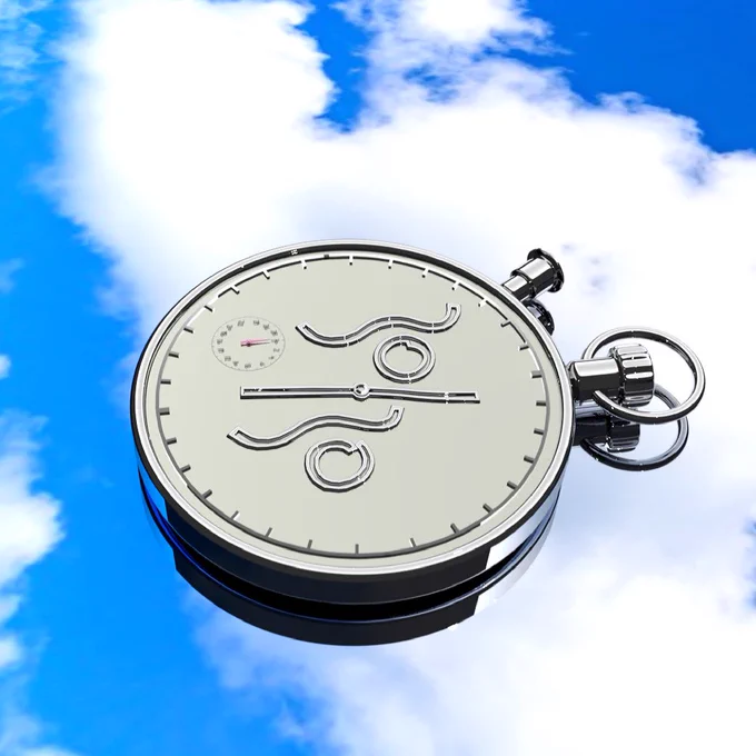 A silver stopwatch floats on a blue sky with white fluffy cloud background in the centre this 3-D digital image. The face of the stopwatch features the 30 30 logo divided by the hands of the watch which form a slash dividing the two numbers. Another small watch dial is in the bottom left-hand corner of the face of the stopwatch.
