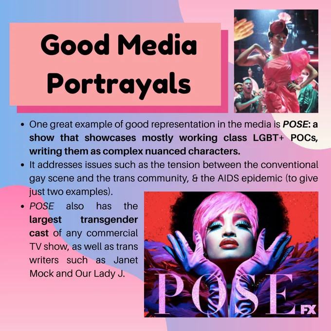 One great example of good representation in the media is POSE: a show that showcases mostly working class LGBT  POCs, writing them as complex nuanced characters.
It does not avoid issues such as the tension between the conventional gay scene and the trans community or the AIDS epidemic (to give just two examples).
POSE also has the largest transgender cast of any commercial TV show, as well as trans writers such as Janet Mock and Our Lady J.