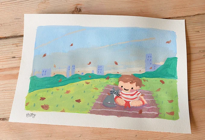 a poor quality painting of a boy and a cat sitting happily on a rug outside with wind blowing leaves around them