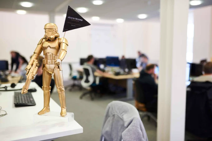 Picture of a Star Wars stormtrooper and Storm ID offices