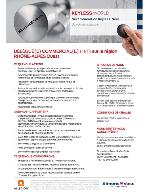 Offre d'emploi - Délégué(-e) Commercial(-e) H/F/N sur la région Rhône-Alpes Ouest. 
