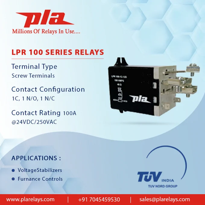 LPR 100 Series Relay
Terminal Type Screw Terminals
Contact Configuration
1C, 1N/O, 1N/C
Contact rating 100A
@24 VDC / 250 VAC
Applications : Voltage Stabilizers / Furnance Controls

www.plarelays.com
sales@plarelays.com

follow us on instagram 
https://www.instagram.com/plarelays/

#plarelays #pluguinrelay #pcbmountrelay #contact #configuration #mpc #mcc #mccp #mcc #reedrelay #electric #electricalmarket #automotive #pcbmountrelay #powerrelay #industrial  #controlpanel #stabilizer #inverter #temperature #rating #ampere #coil #automotive #electromechanical  #ampere #coil #rating #solder #lugs #lpr100 #stabilizer #technology #innovation