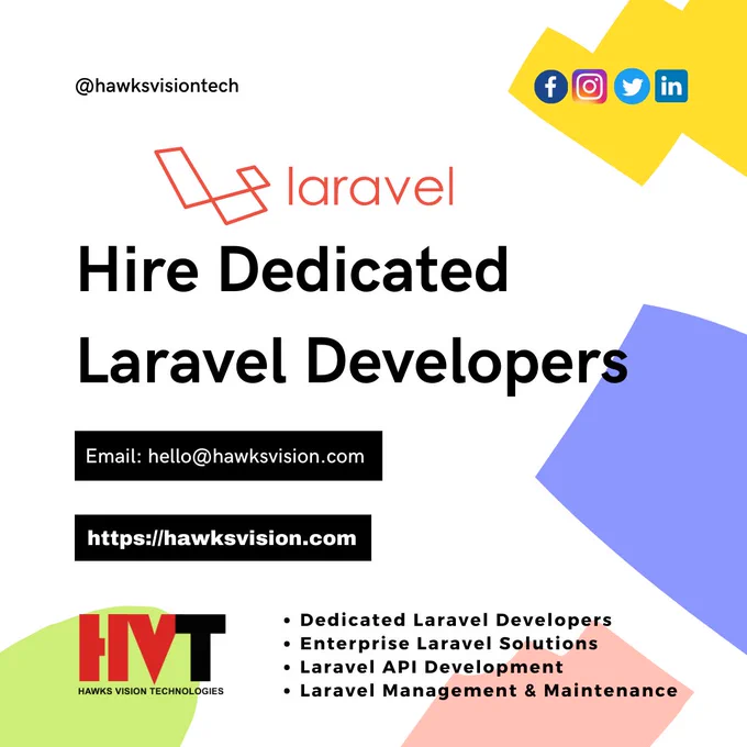 At Hawks Vision Technologies, our experienced Laravel developers are completely skillful to provide adaptable, secure, and powerful custom web applications fitting your business necessities.
Services:
- Dedicated Laravel Developers
- Enterprise Laravel Solutions
- Laravel API Development
- Laravel Management & Maintenance
.
.
.
.
.
.
.
.
.
#laravel #laraveldevelopers  #flutter #application #development #android #ios #appdesign #appdevelopment #appdeveloper #androiddeveloper #iosdeveloper #java #kotlin #uidesign #ux #webdesign #webdevelopment #webdeveloper #webdesigner #smo #digitalmarketing #crm #erp #sap #azure #microsoft #googlecloud #newyork #delhi