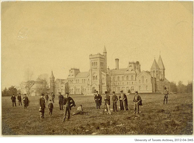 Groundbreaking at the University of Toronto in 1827, University College in the background, photo in sepia tone. Photo courtesy of U of T Archives