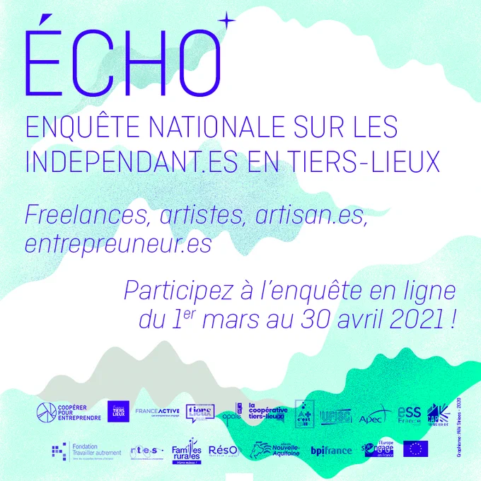 Enquête en ligne sur les indépendant.es en tiers-lieux : 
Freelances, auto-entrepreneur.es, artistes, artisan.es, entrepreneur.es-salarié.es, intermittent.es, salarié.es porté.es, makers...
En coworking, ateliers partagés, lieux intermédiaires, fabriques artistiques, fablab, tiers-lieu municipal...
Cette enquête est pour vous !