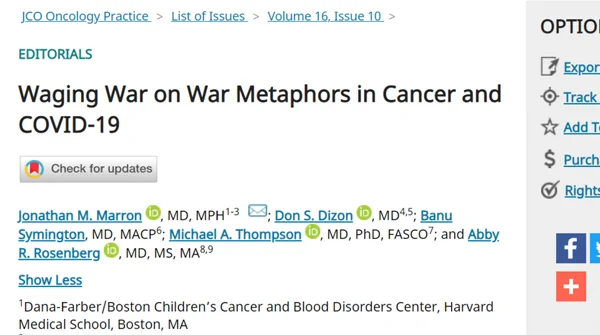 Waging War on War Metaphors in Cancer and COVID-19 editorial