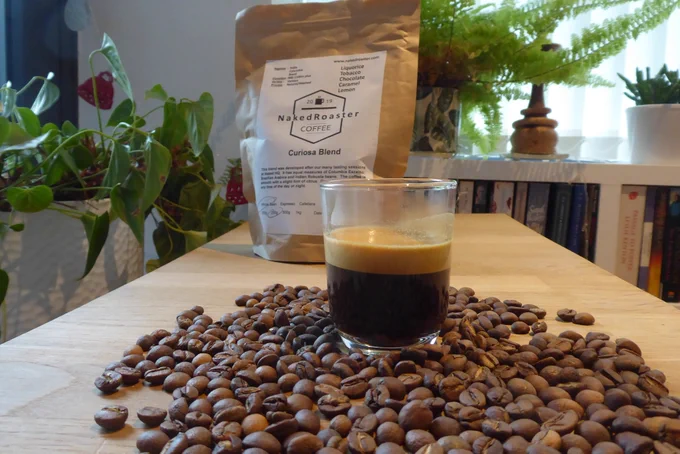 Coffee beans from NakedRoaster and espresso shot. Photo by CoffeeDiff.co.uk