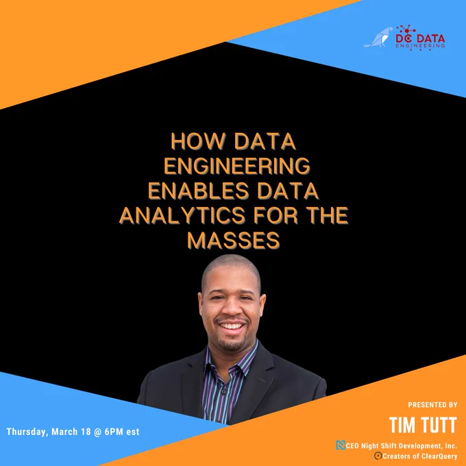 Tim Tutt of Night Shift Development presents March 18th 6pm on How Data Engineering Enables Data Analytics for the Masses for DC Data Engineering meet up with Silectis.