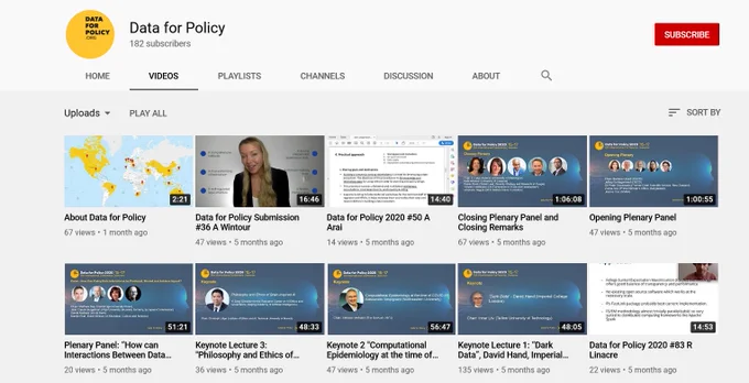 Screenshot of Data for Policy's YouTube channel.