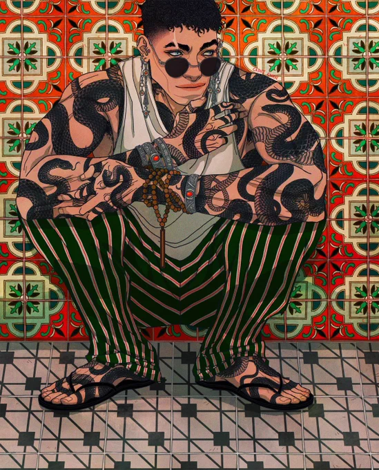 Zāl from Bone Marrow and other tunnels to travel through. He’s squatting with his arms crossed over his knees. His hand is raised to his smirk and he’s looking at someone to his side. He’s wearing casual striped trousers with sandals, a white vest and showing off his muscled arms. His entire body is covered in snake tattoos. He’s wearing Amazigh jewellery and sunglasses too.