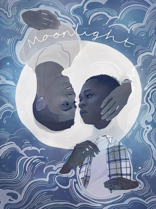 Kevin and Chiron from the film Moonlight directed by Barry Jenkins. They’re both floating in water with the reflection of the moon surrounding their heads like a halo. They’re both looking into each other’s eyes. Kevin is smiling easily and his hand is brushing on Chirons face. Chiron is more bewildered and is lifting his hand to reach for Kevin.