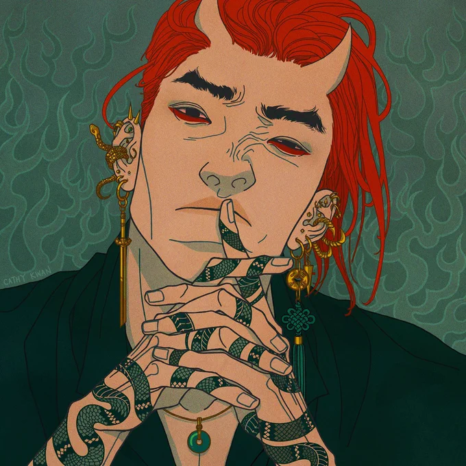 Demon with slicked back red back, hands covering his chin and scowling at you. He’s wearing a ton of gold piercings, including a chinese coin earring. His hands are covered in thin green snake tattoos. The background is green flames.
