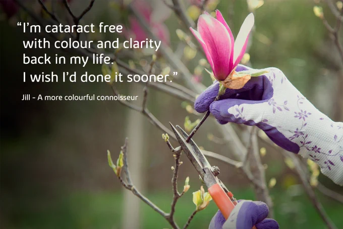 Jill is cataract free with colour and clarity back in her life, she wishes she had done it sooner. Jill a more colourful connoisseur.