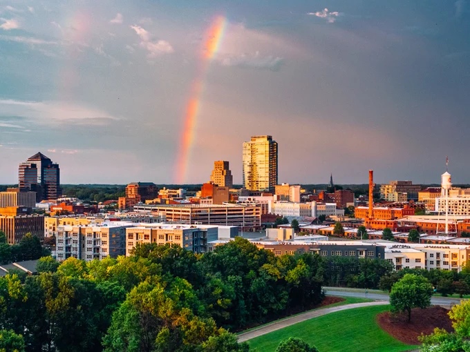 A rainbow over downtown Durham, North Carolina. PC: Estlin Haas.
