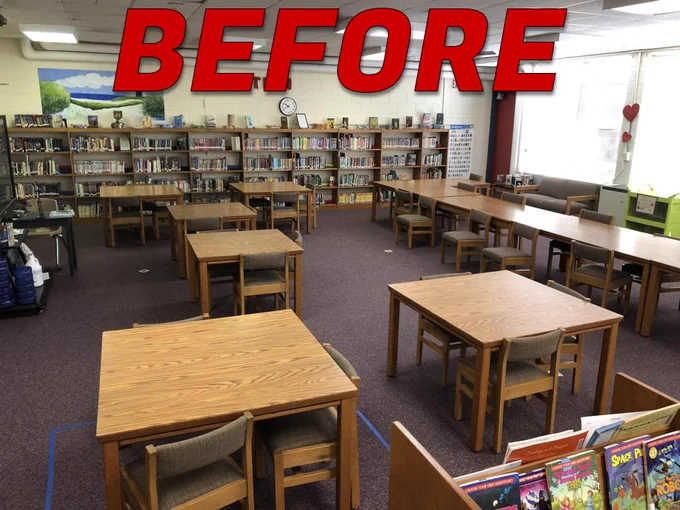 A school media center with brown tables and brown chairs.