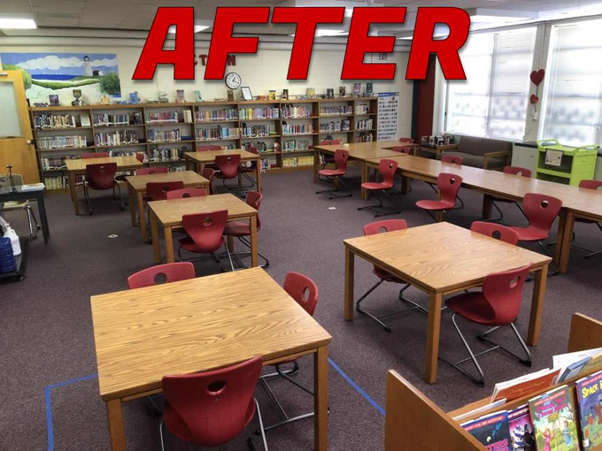 A school media center with brown tables and newly purchased red chairs.