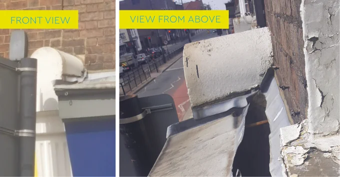 Unsafe retail sign shown from the front and above to highlight the dangers of unchecked signage on buildings.