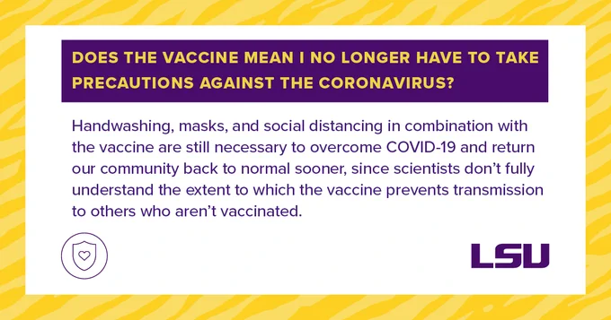 Text-heavy graphic that includes the LSU logo in the bottom right and a shield logo with a heart on it in the bottom left. Text: Does the vaccine mean I no longer have to take precautions against the coronavirus? Handwashing, masks, and social distancing in combination with the vaccine are still necessary to overcome COVID-19 and return our community back to normal sooner, since scientists don't fully understand the extent to which the vaccine prevents transmission to others who aren't vaccinated.