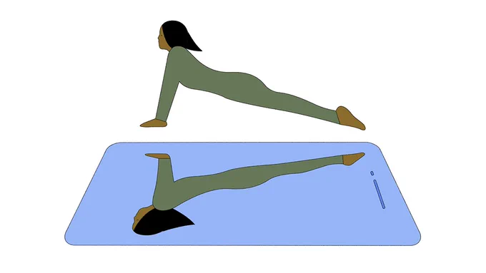 Person with a bob in a downward dog yoga pose, with their reflection mirrored on a phone screen