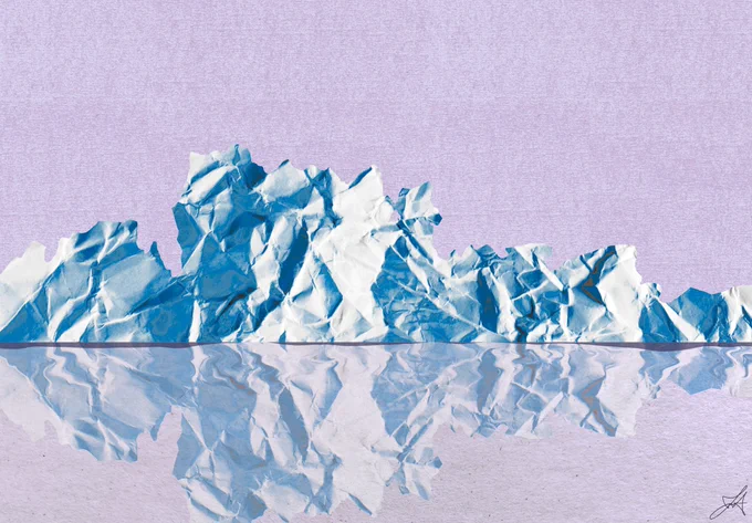pink sky with glacier portrayed by crumpled paper (with a water reflection).