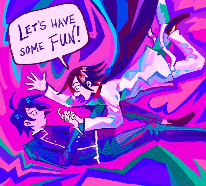 drawn in bright psychedelic colors. saihara and ouma falling down the rabbit hole, saihara below ouma, they are looking at each other and grasping each other with one hand. ouma is smiling. "let's have some fun!"