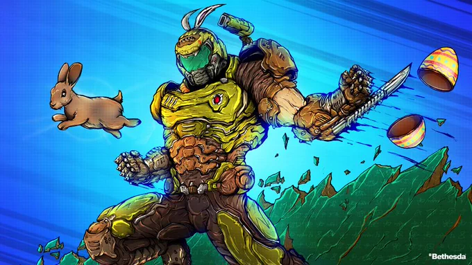 An armored green hero, wearing a white and pink bunny ears headband, is leaping into the foreground slicing through a colorful decorative egg with a serrated forearm blade. A light brown pet rabbit is leaping ahead of the hero leading the way with a giant lush green and brown waist-high tablet with ancient inscriptions crumbling behind them.