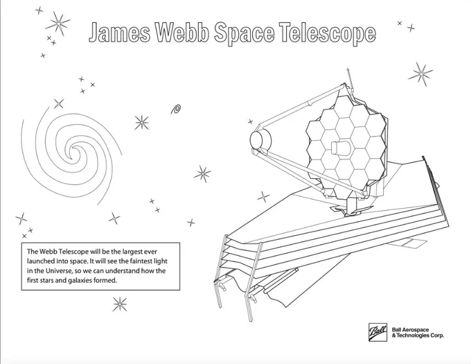 Coloring page for the James Webb Space Telescope. A galaxy is at the left and an illustration of the telescope is on the right.
