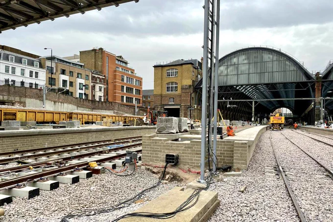 An image of the construction work on platforms at London Kings Cross station, showing work taking place to complete them.