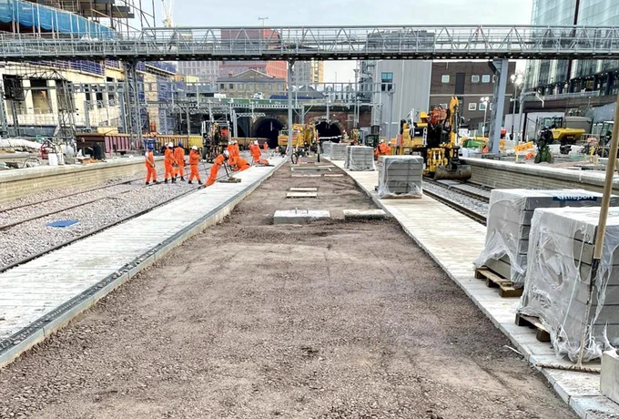 An image of the construction work on platforms at London Kings Cross station, showing work taking place to complete them.