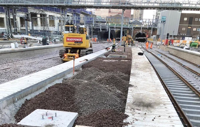 An image of the construction work on platforms at London Kings Cross station, showing work taking place to complete them.